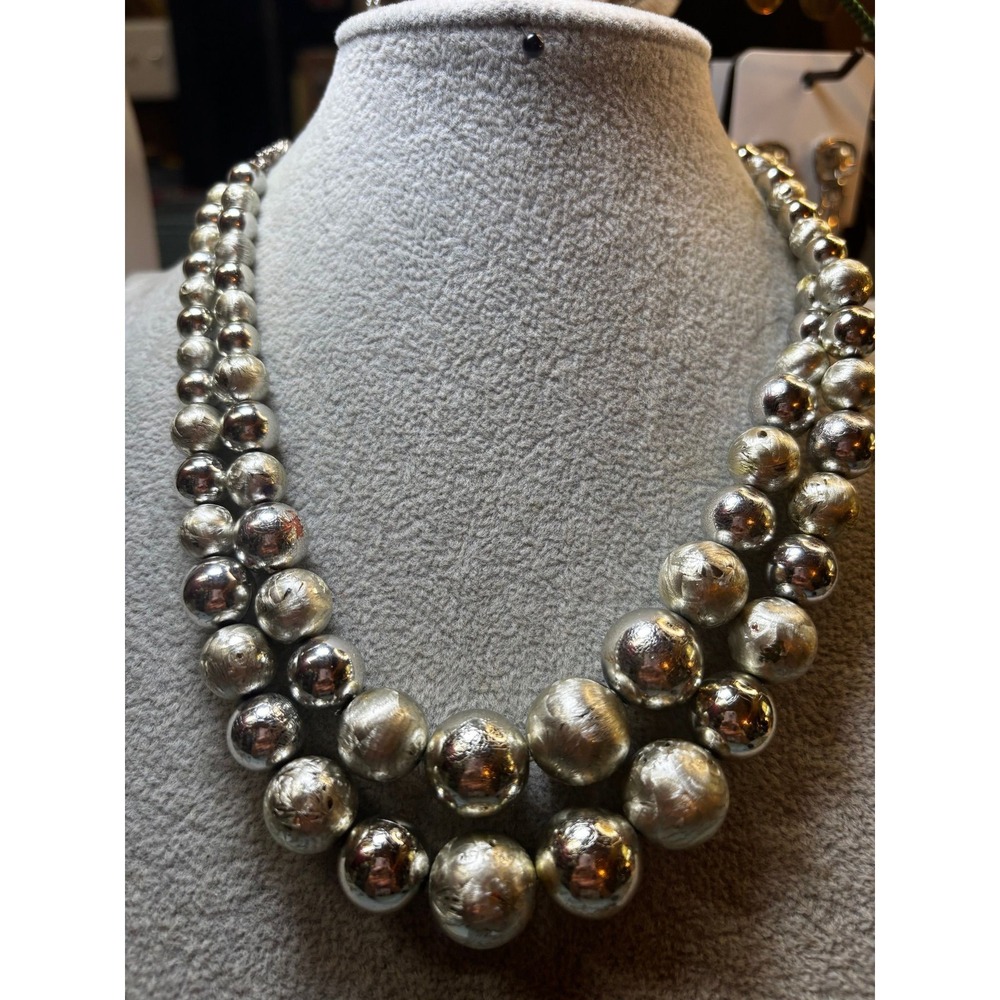 #48. Vintage-Style Double-Strand Silver Bead Statement Necklace